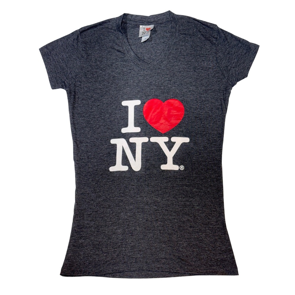 Rafia I Love NY T-Shirt Size M Charcoal Gray V-Neck Graphic Tee NYC Souvenir